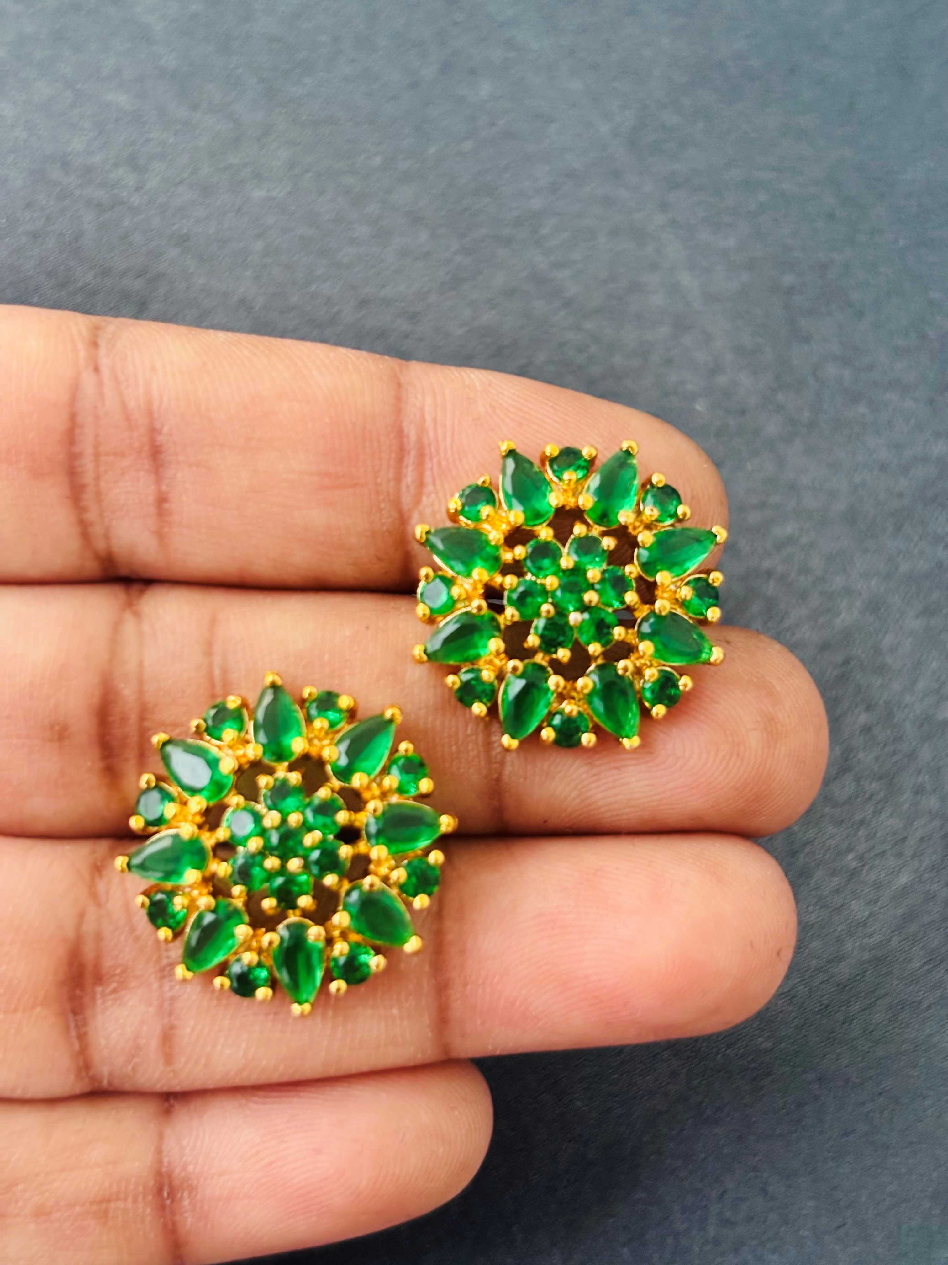 Gold Emerald Green Cluster Stud Earrings