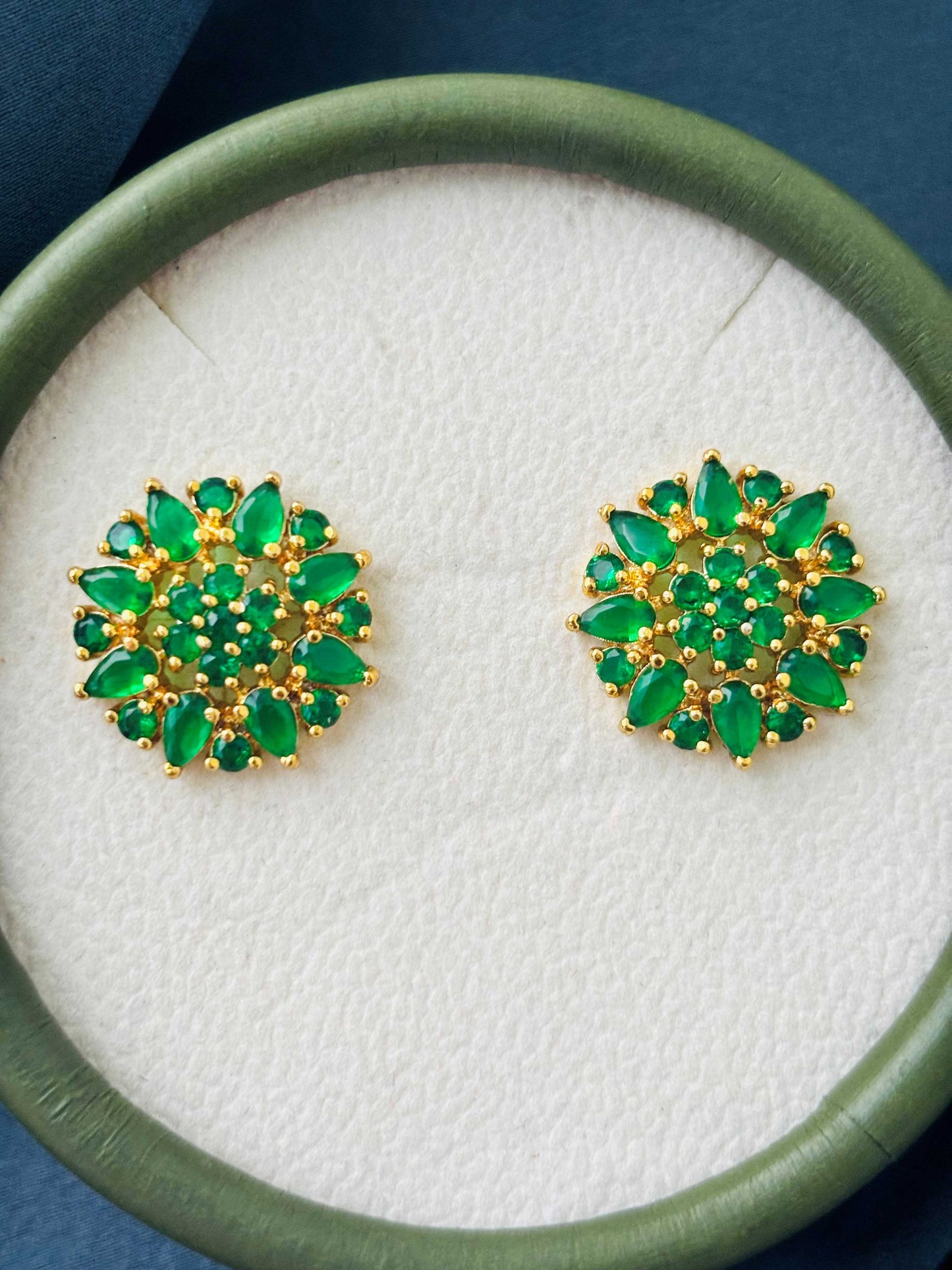 Gold Emerald Green Cluster Stud Earrings