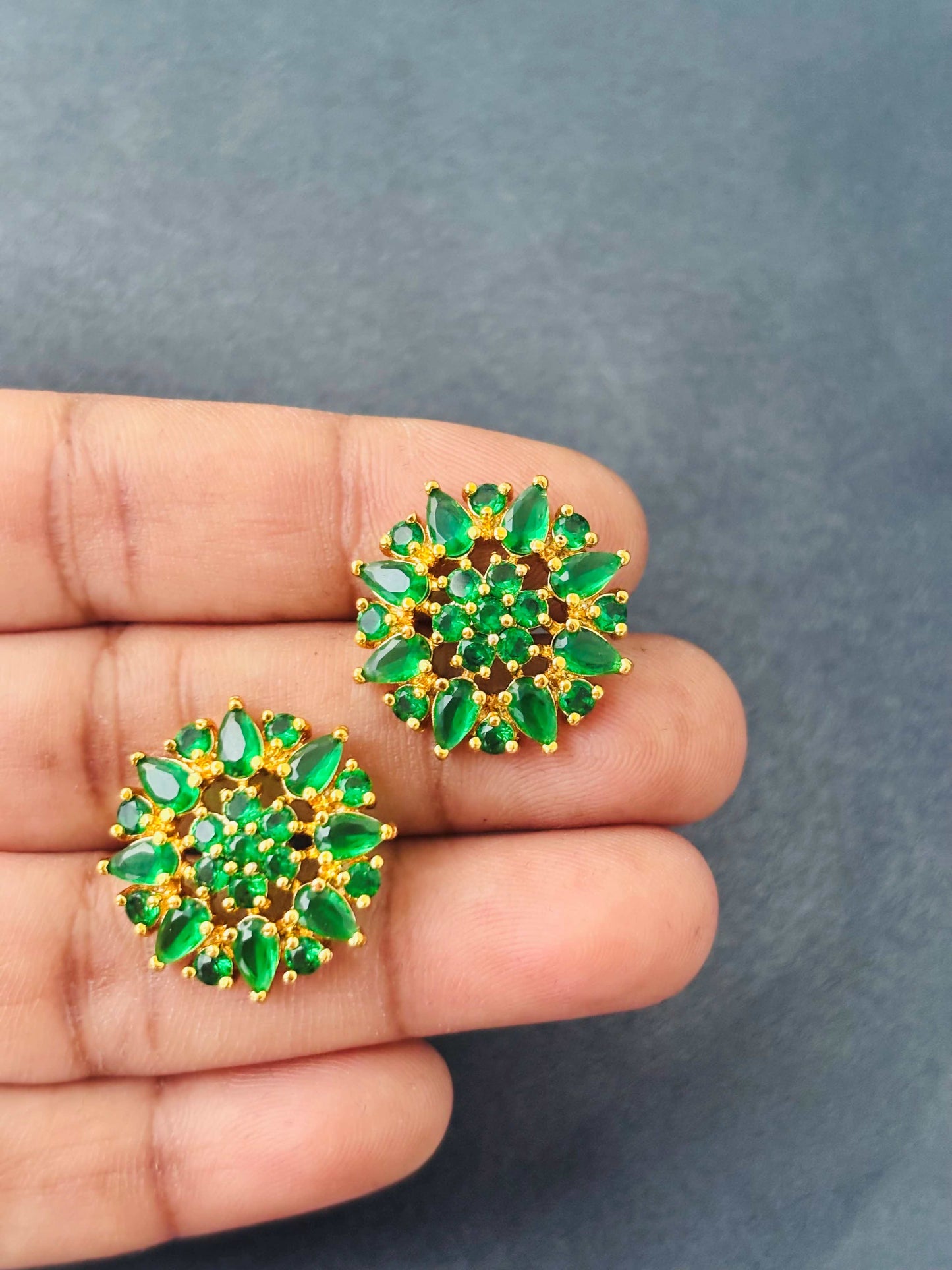 Gold Emerald Green Cluster Stud Earrings