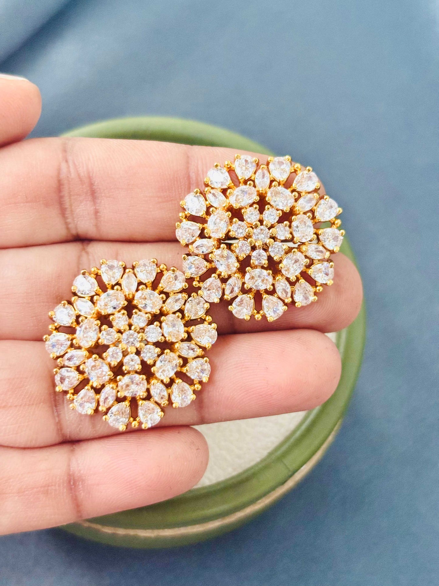 Gold Floral Crystal Cluster Stud Earrings