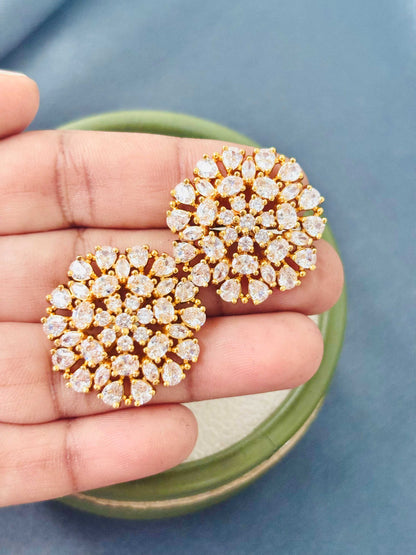 Gold Floral Crystal Cluster Stud Earrings
