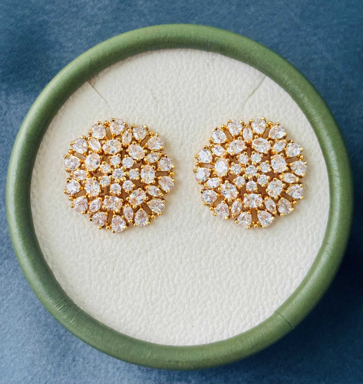 Gold Floral Crystal Cluster Stud Earrings