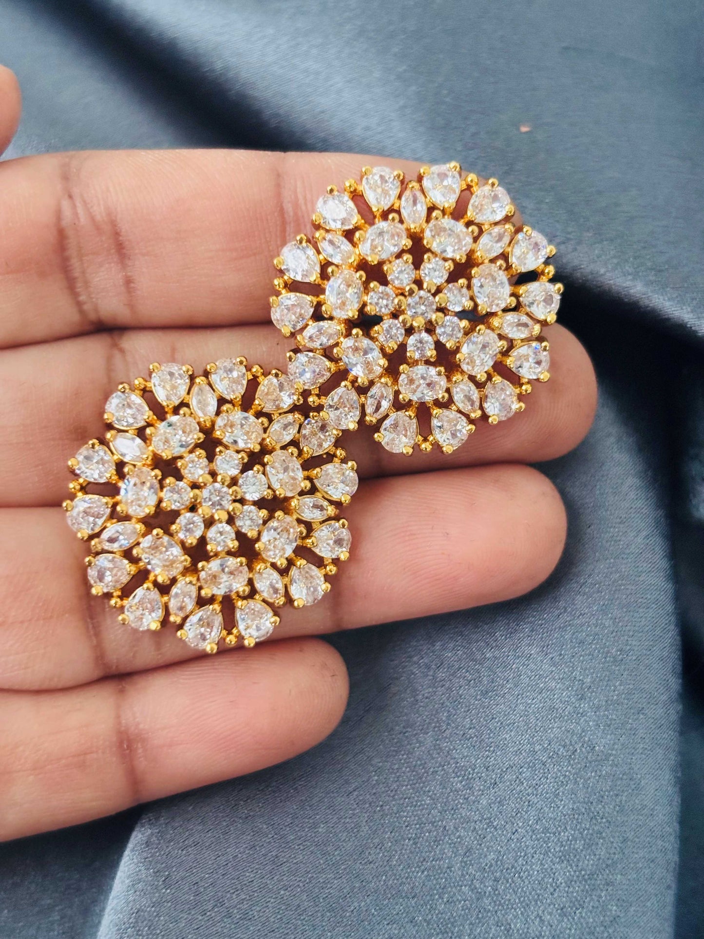 Gold Floral Crystal Cluster Stud Earrings