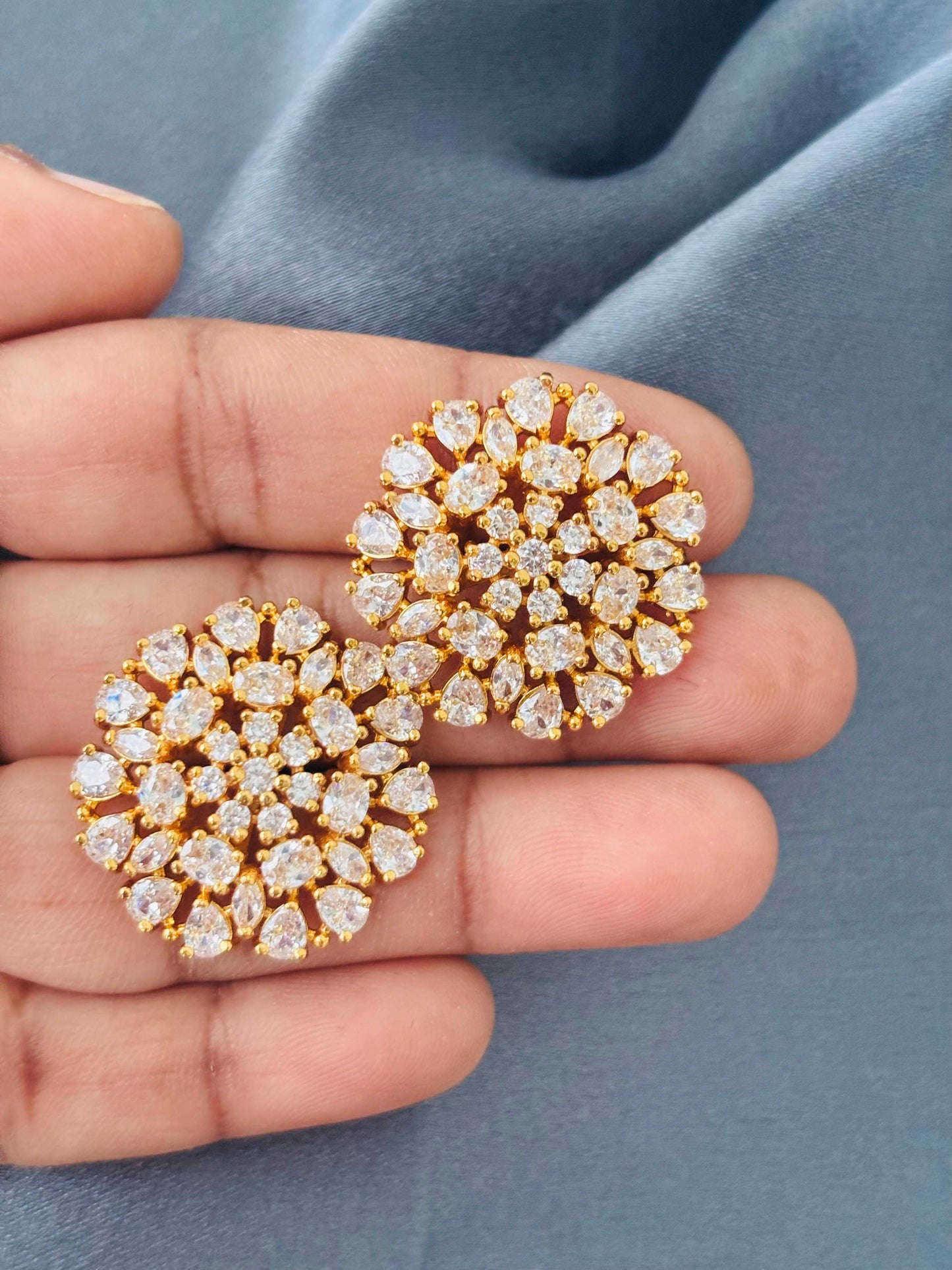 Gold Floral Crystal Cluster Stud Earrings