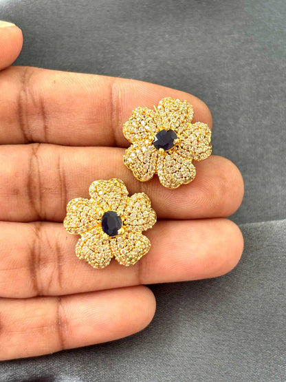 Sapphire Blue Center AD/CZ Pavé Floral Studs