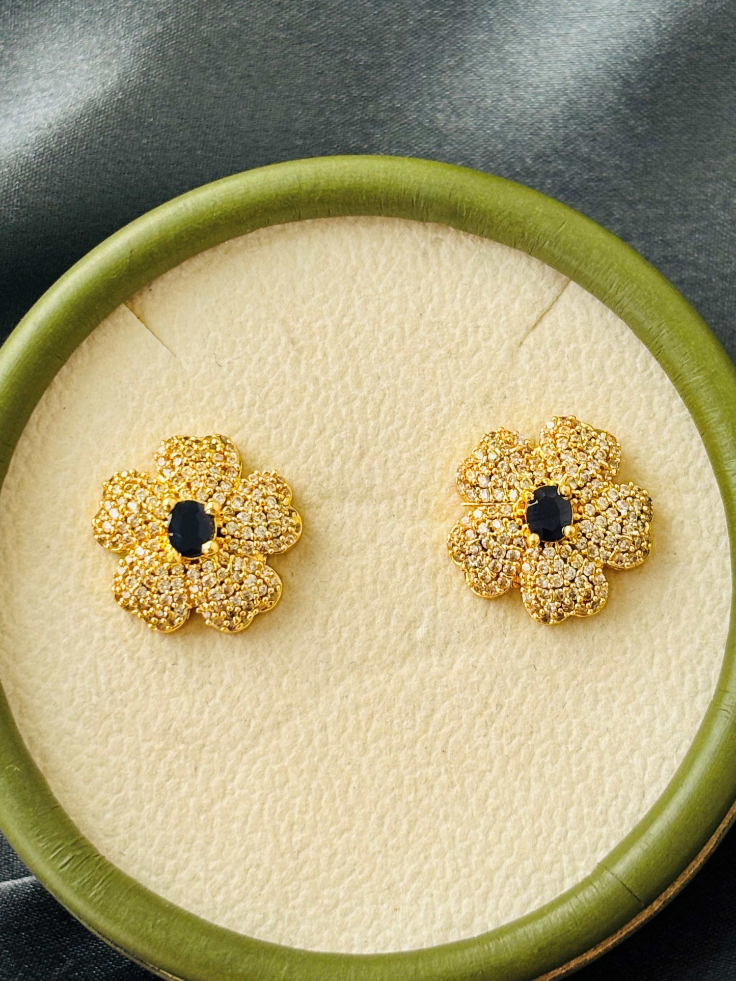 Sapphire Blue Center AD/CZ Pavé Floral Studs