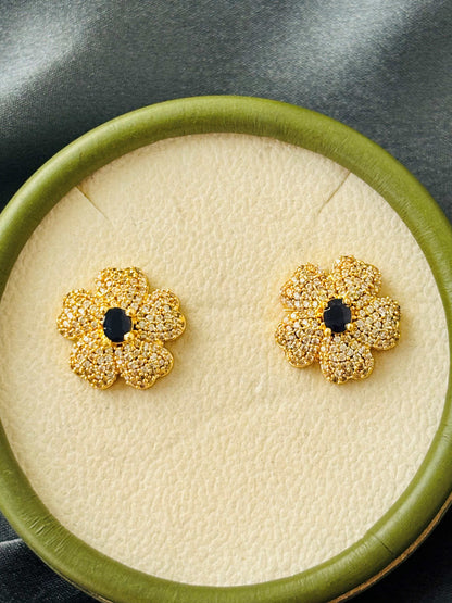 Sapphire Blue Center AD/CZ Pavé Floral Studs