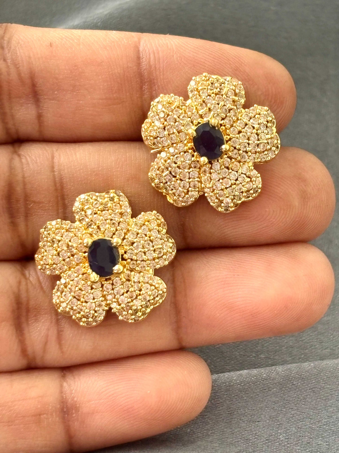 Sapphire Blue Center AD/CZ Pavé Floral Studs