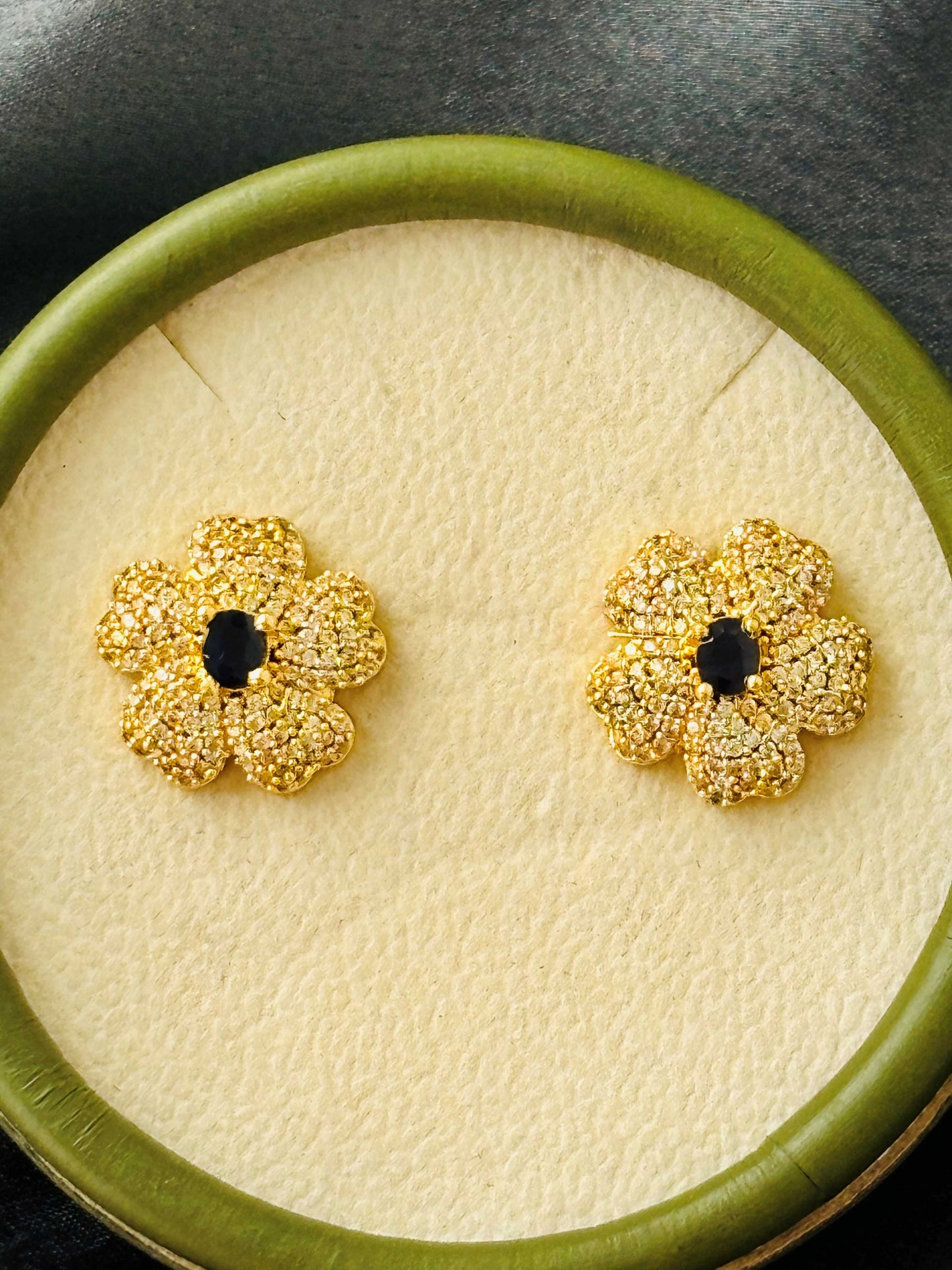 Sapphire Blue Center AD/CZ Pavé Floral Studs