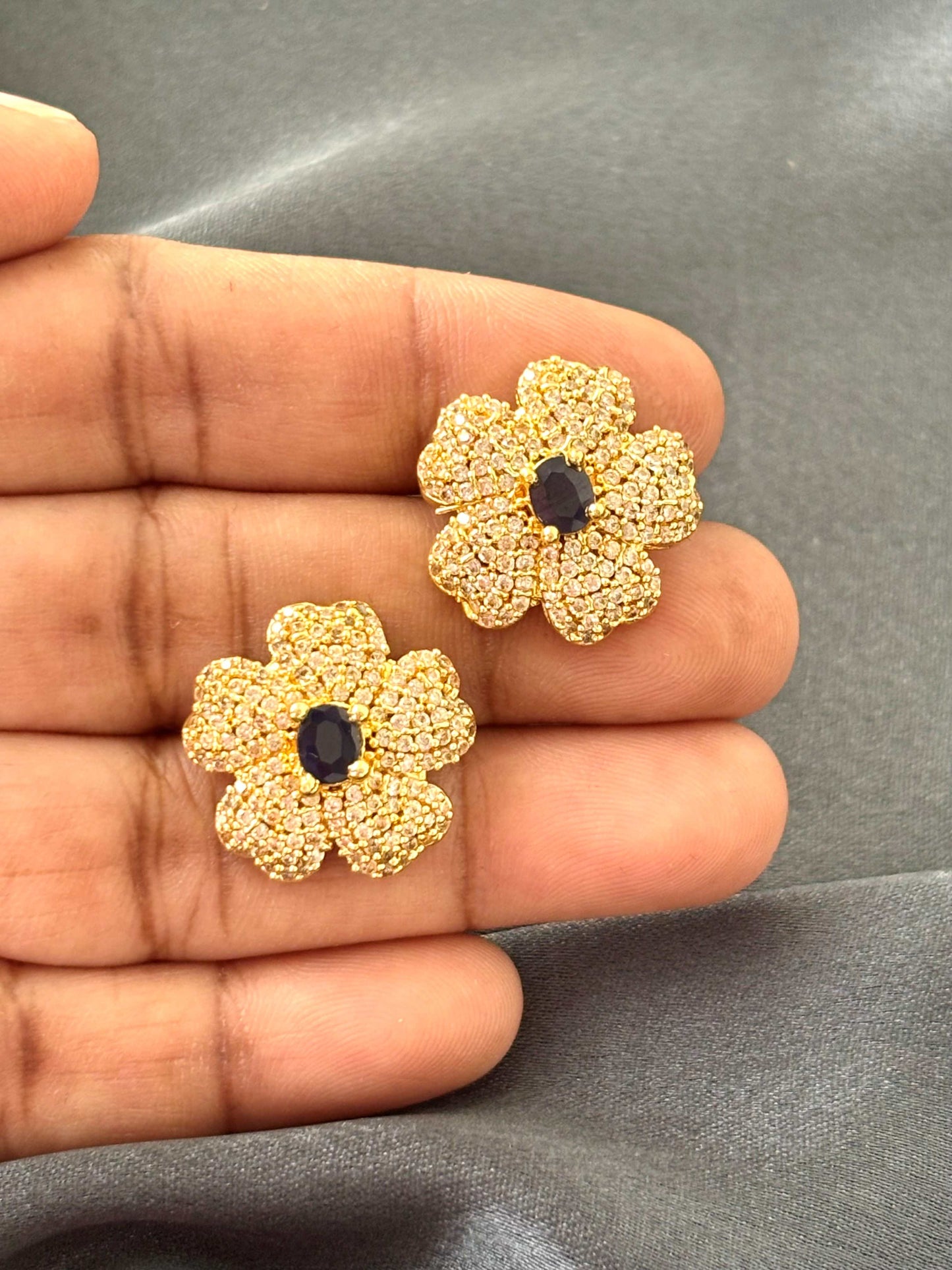 Sapphire Blue Center AD/CZ Pavé Floral Studs