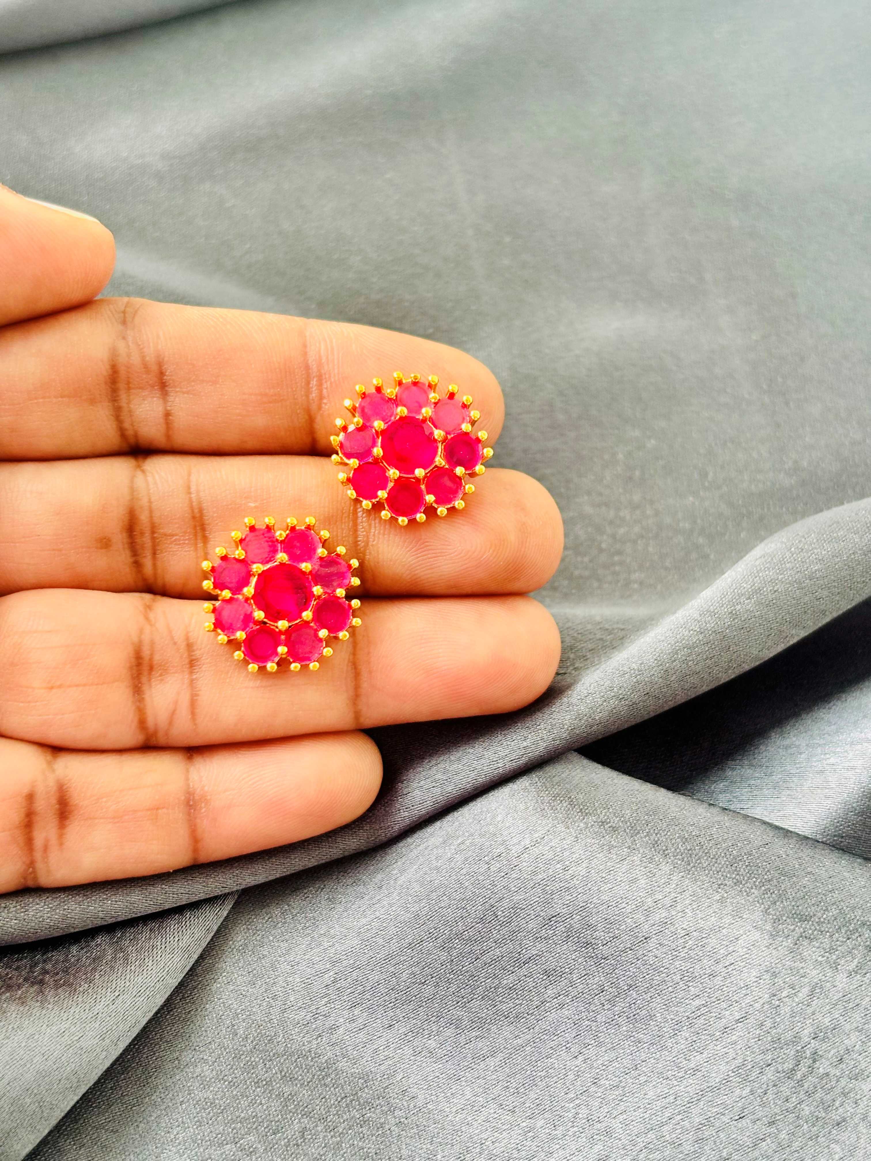 Ruby Pink AD/CZ Round Floral Studs