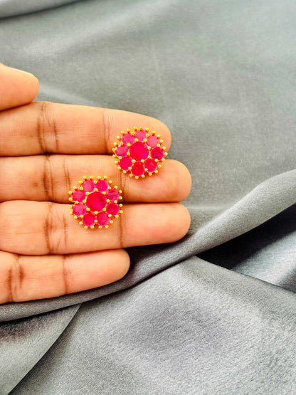 Ruby Pink AD/CZ Round Floral Studs