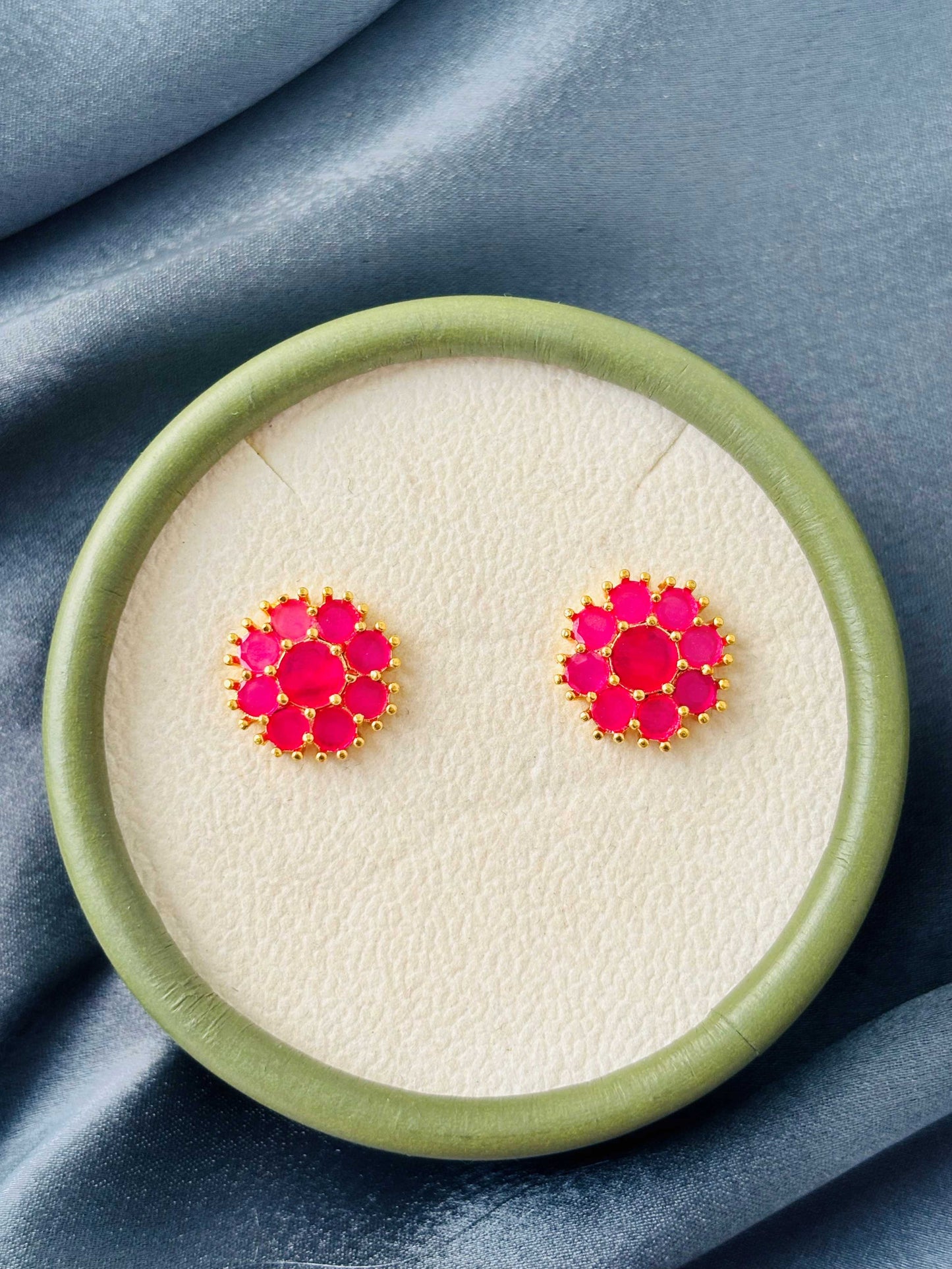 Ruby Pink AD/CZ Round Floral Studs