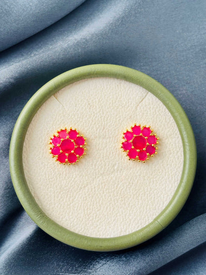 Ruby Pink AD/CZ Round Floral Studs
