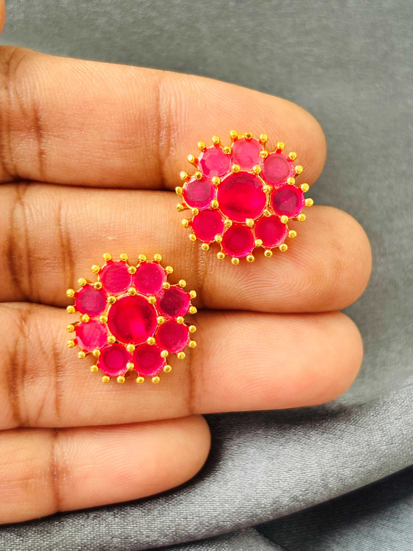 Ruby Pink AD/CZ Round Floral Studs