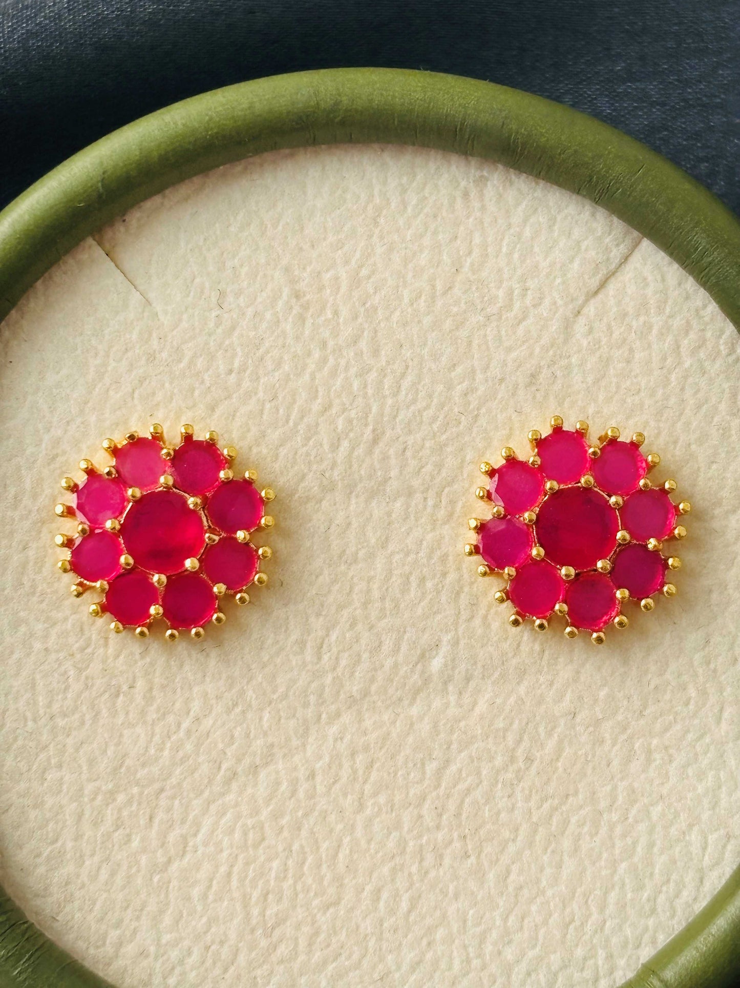Ruby Pink AD/CZ Round Floral Studs