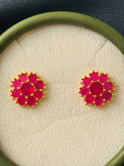 Ruby Pink AD/CZ Round Floral Studs