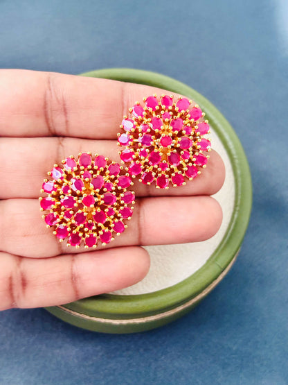 Ruby Pink AD/CZ Big Floral Studs 1