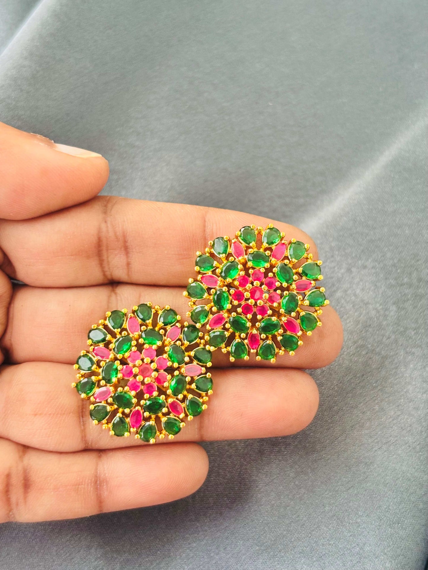 Vibrant Pink and Green AD/CZ Floral Studs