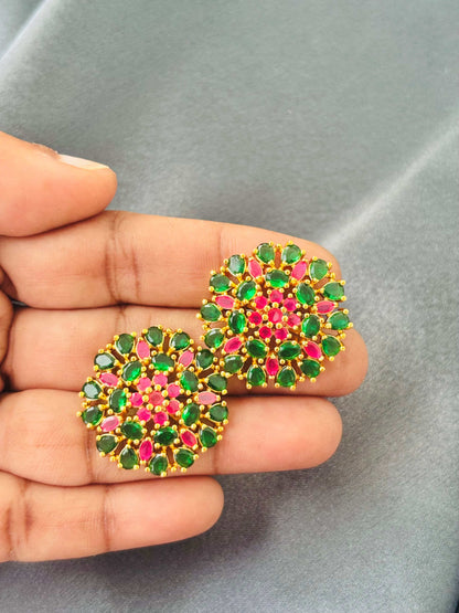 Vibrant Pink and Green AD/CZ Floral Studs