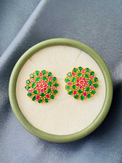 Vibrant Pink and Green AD/CZ Floral Studs