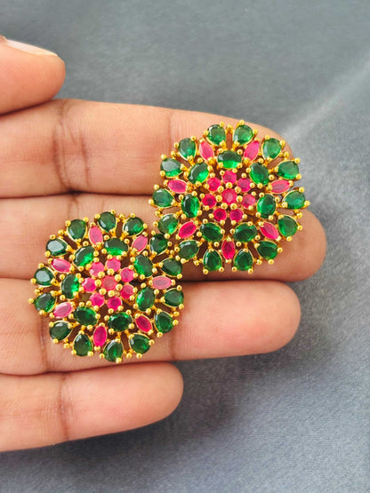 Vibrant Pink and Green AD/CZ Floral Studs