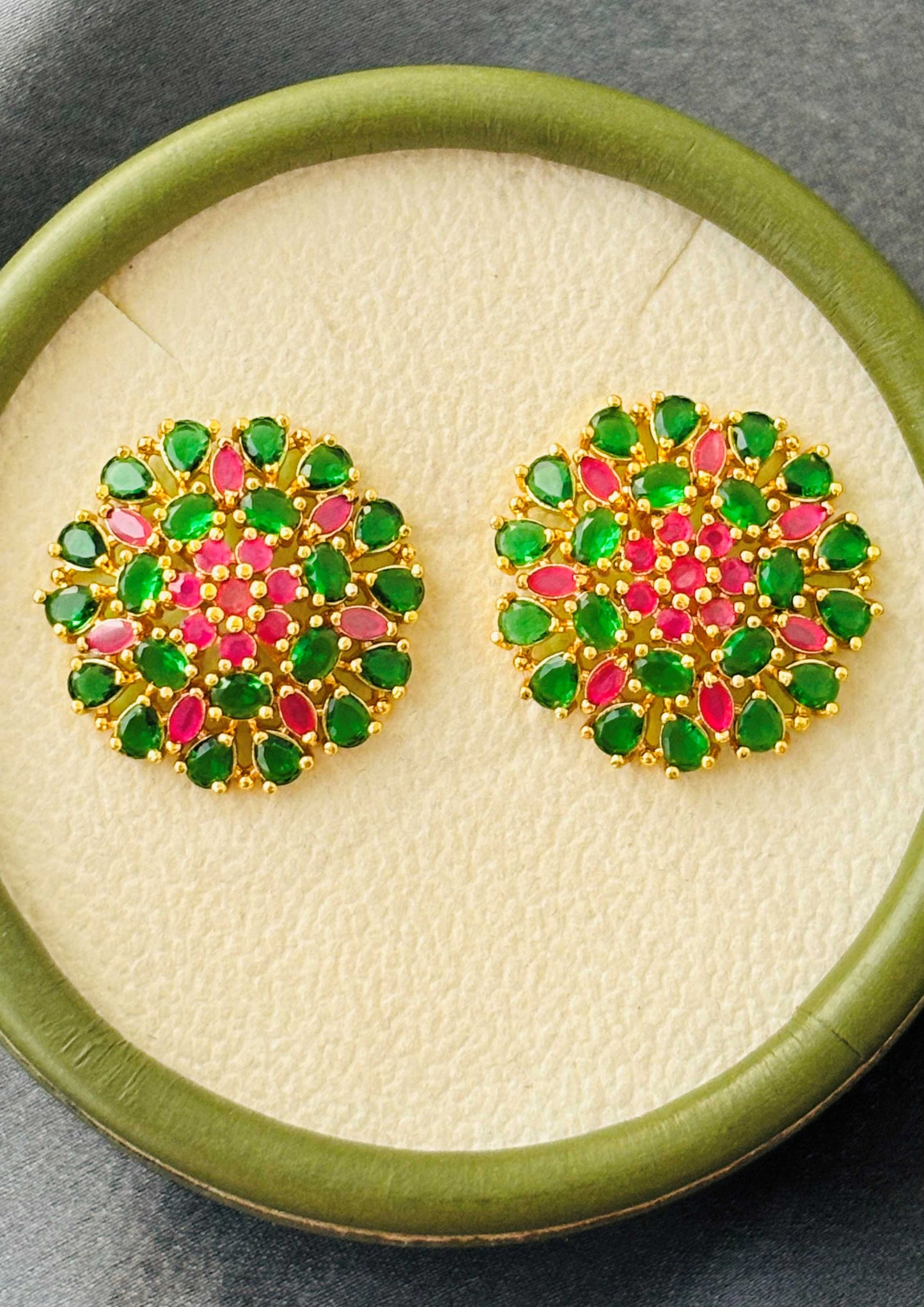 Vibrant Pink and Green AD/CZ Floral Studs