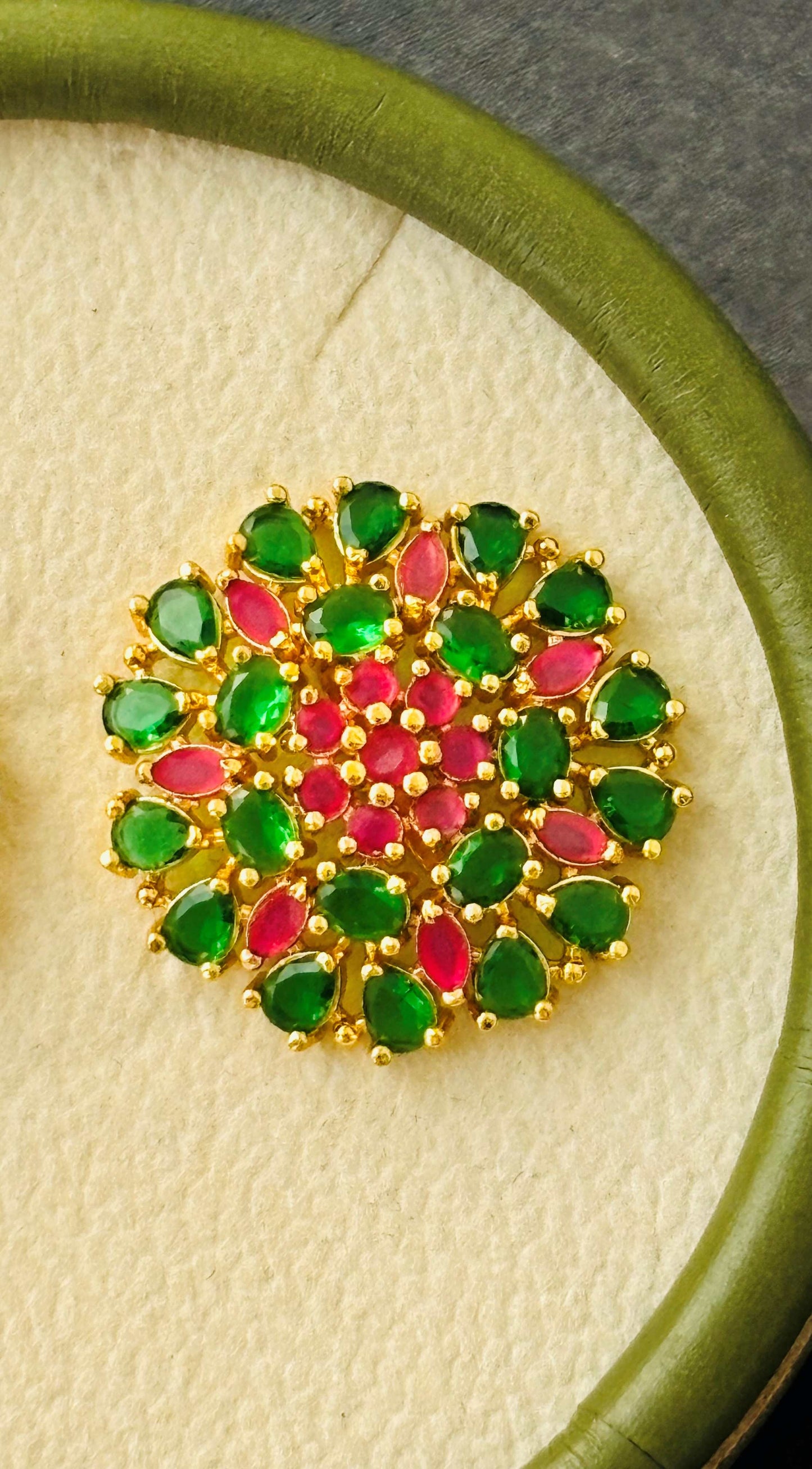 Vibrant Pink and Green AD/CZ Floral Studs