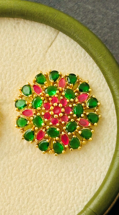 Vibrant Pink and Green AD/CZ Floral Studs