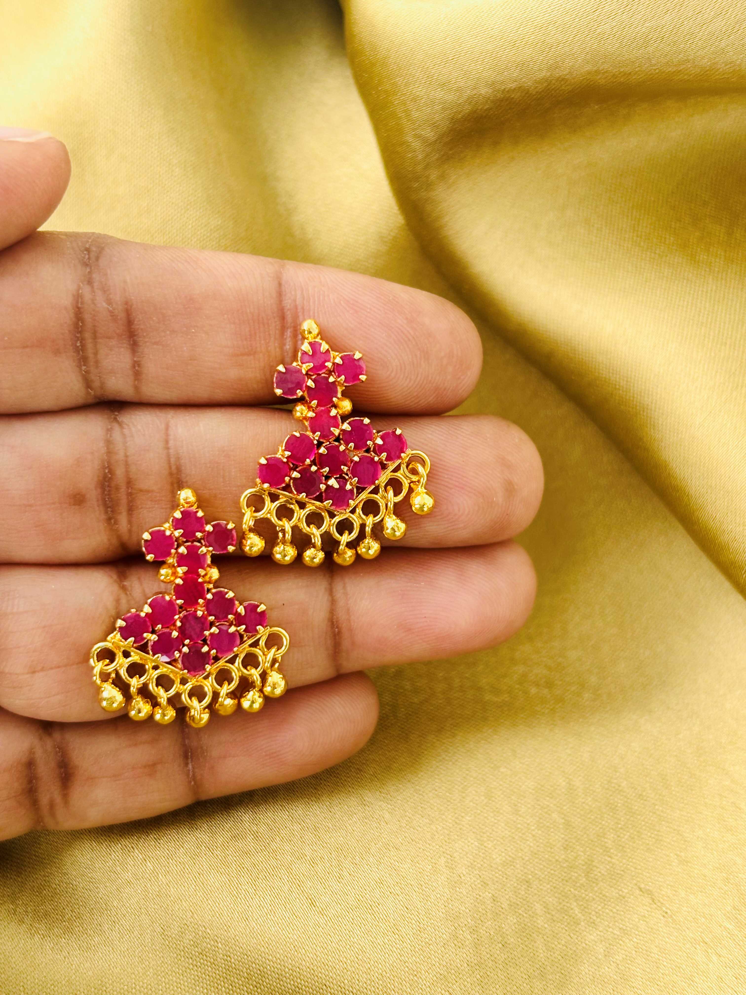 Rhombus Ruby Stone Gold Plated Earrings