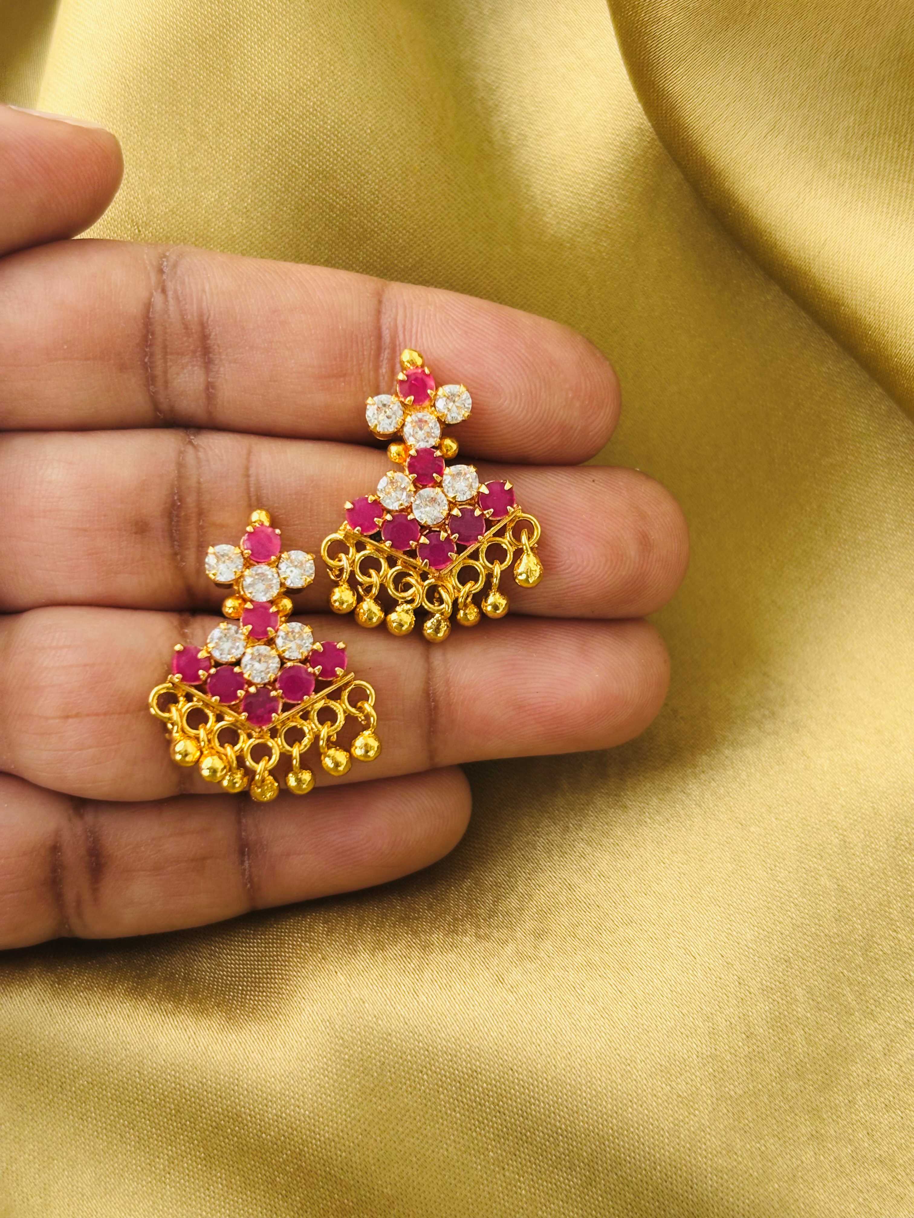 Rhombus Ruby and White Stone Gold Plated Earrings