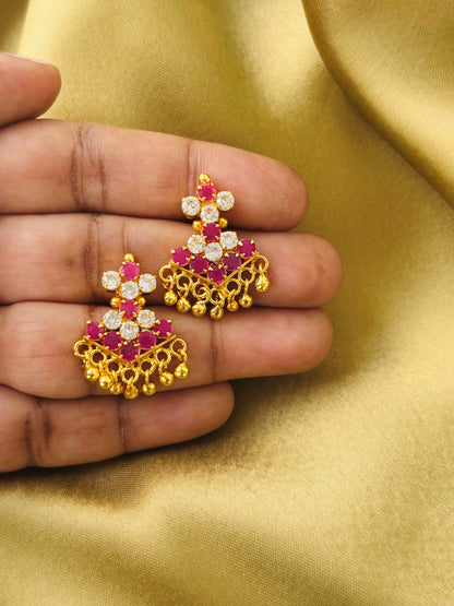 Rhombus Ruby and White Stone Gold Plated Earrings