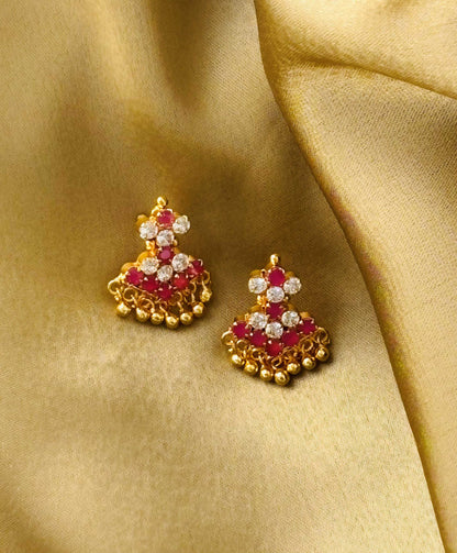Rhombus Ruby and White Stone Gold Plated Earrings