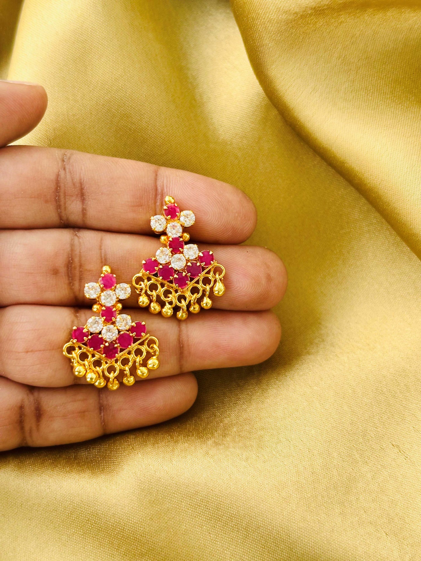 Rhombus Ruby and White Stone Gold Plated Earrings