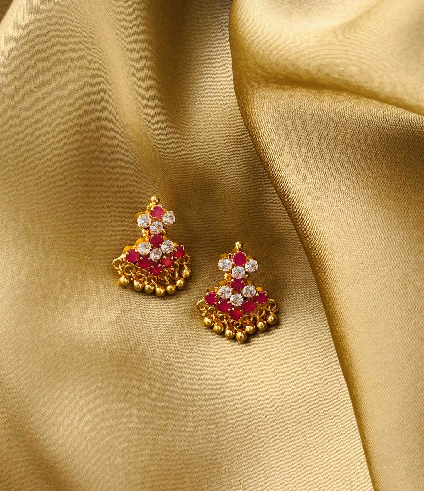 Rhombus Ruby and White Stone Gold Plated Earrings