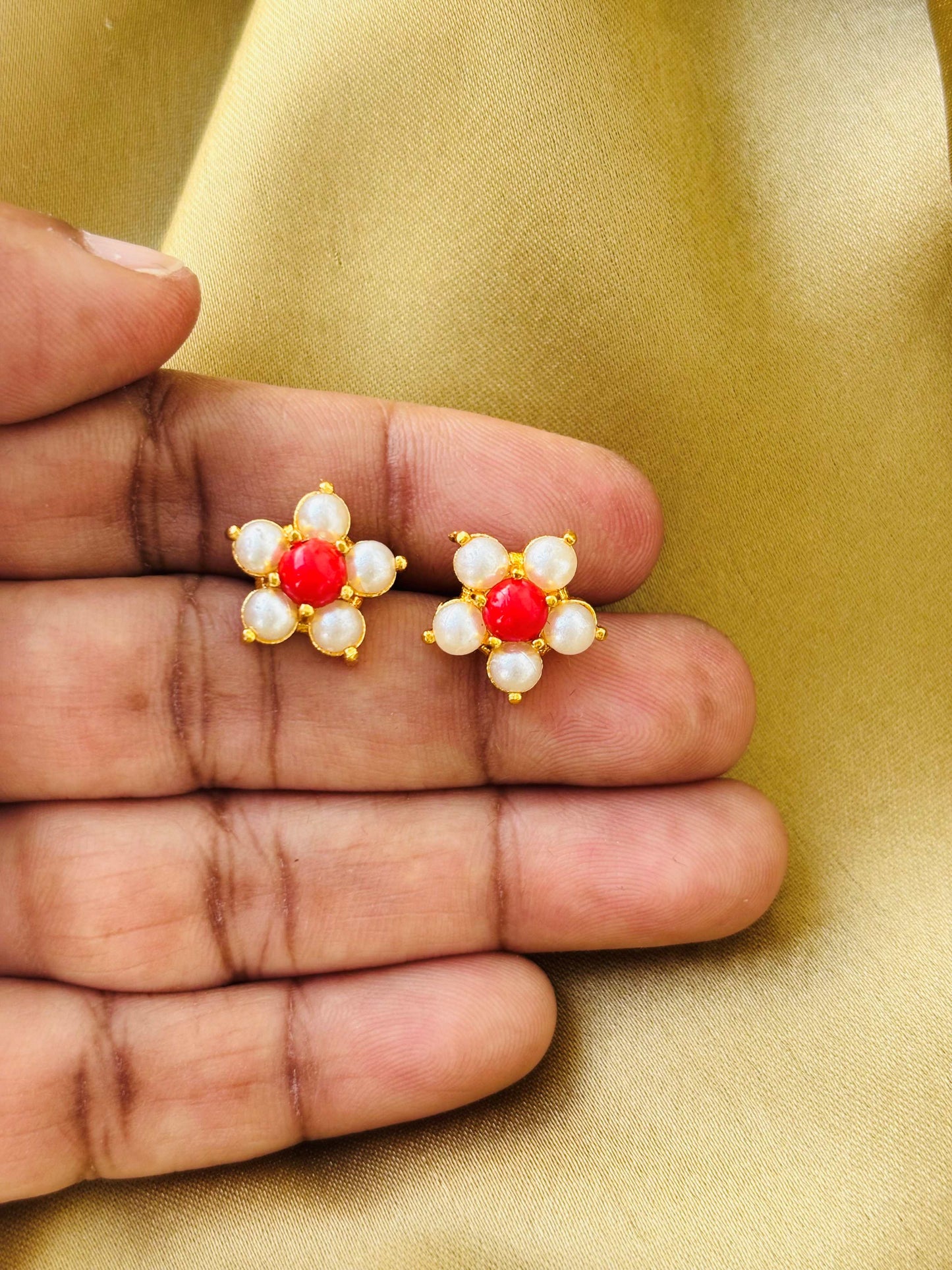 Coral Red and Pearl Floral Gold Plated Studs