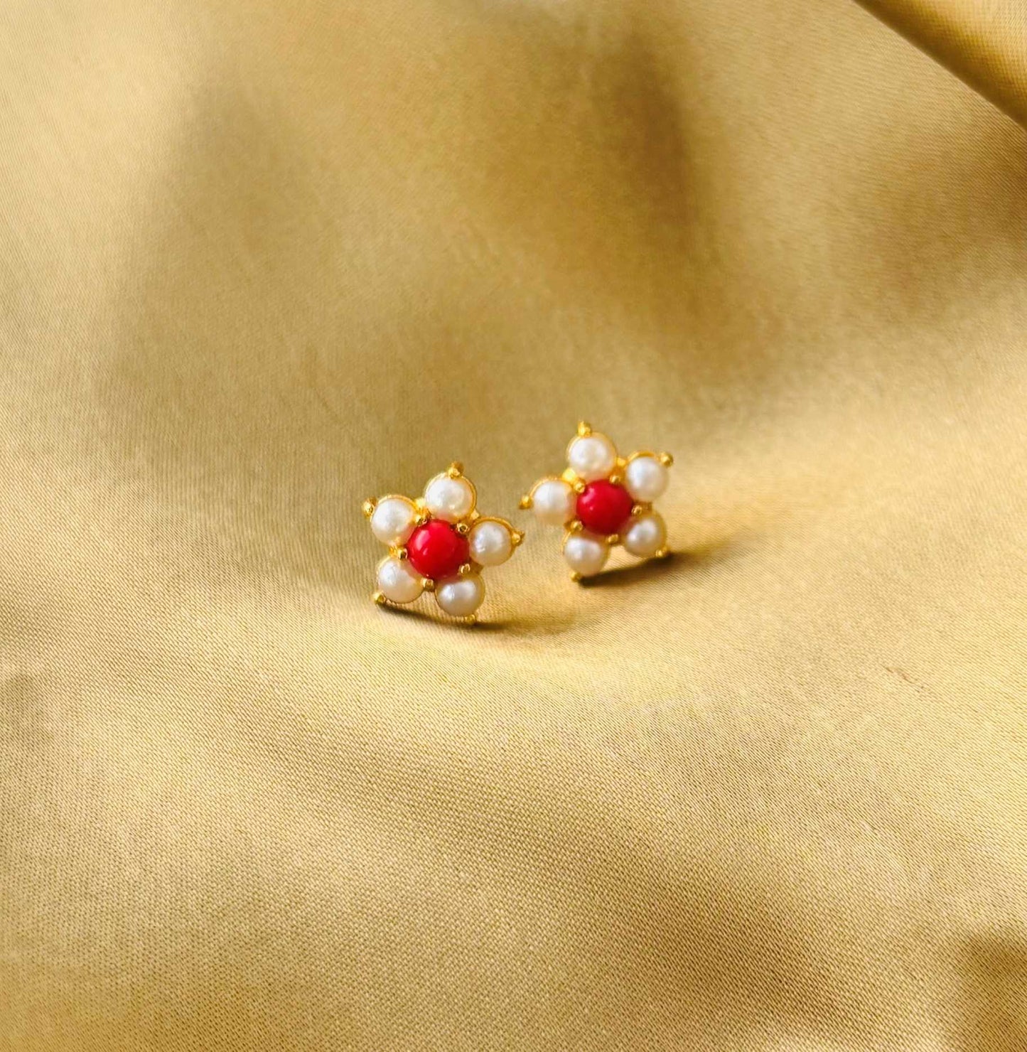 Coral Red and Pearl Floral Gold Plated Studs