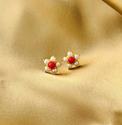 Coral Red and Pearl Floral Gold Plated Studs