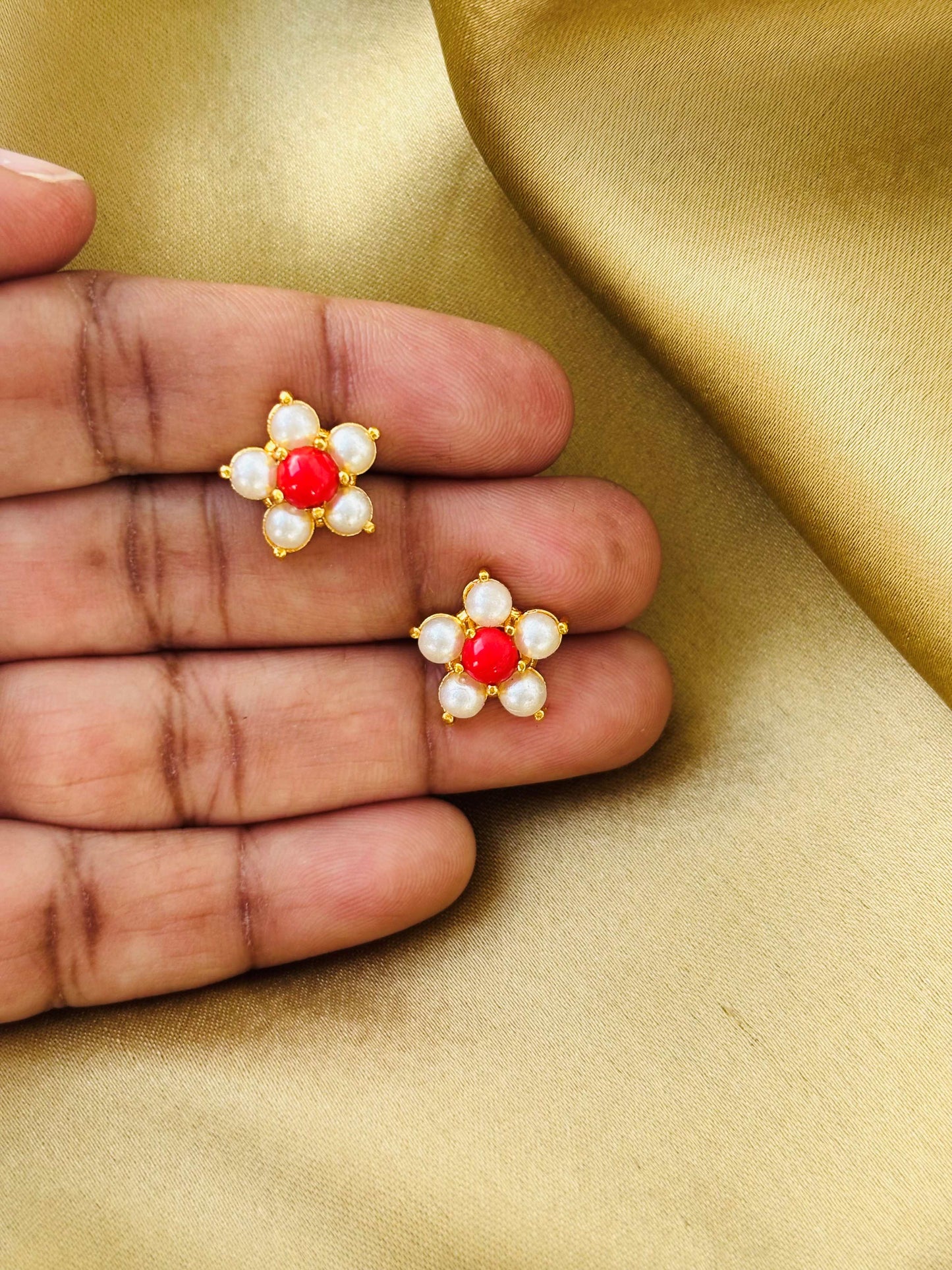 Coral Red and Pearl Floral Gold Plated Studs