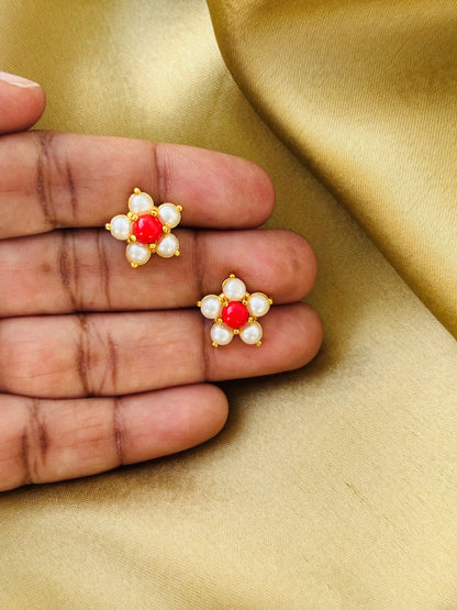 Coral Red and Pearl Floral Gold Plated Studs