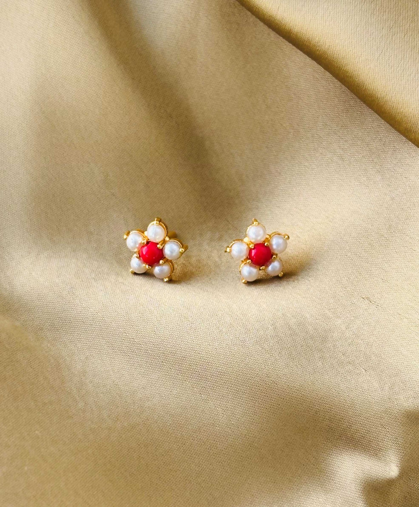 Coral Red and Pearl Floral Gold Plated Studs