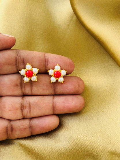 Coral Red and Pearl Floral Gold Plated Studs