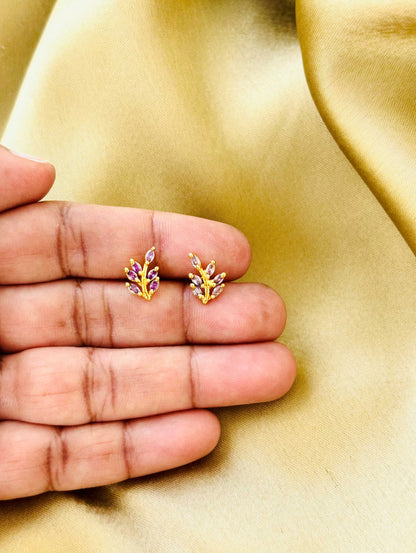 Lavender Stone Grape Leaf Gold Plated Studs