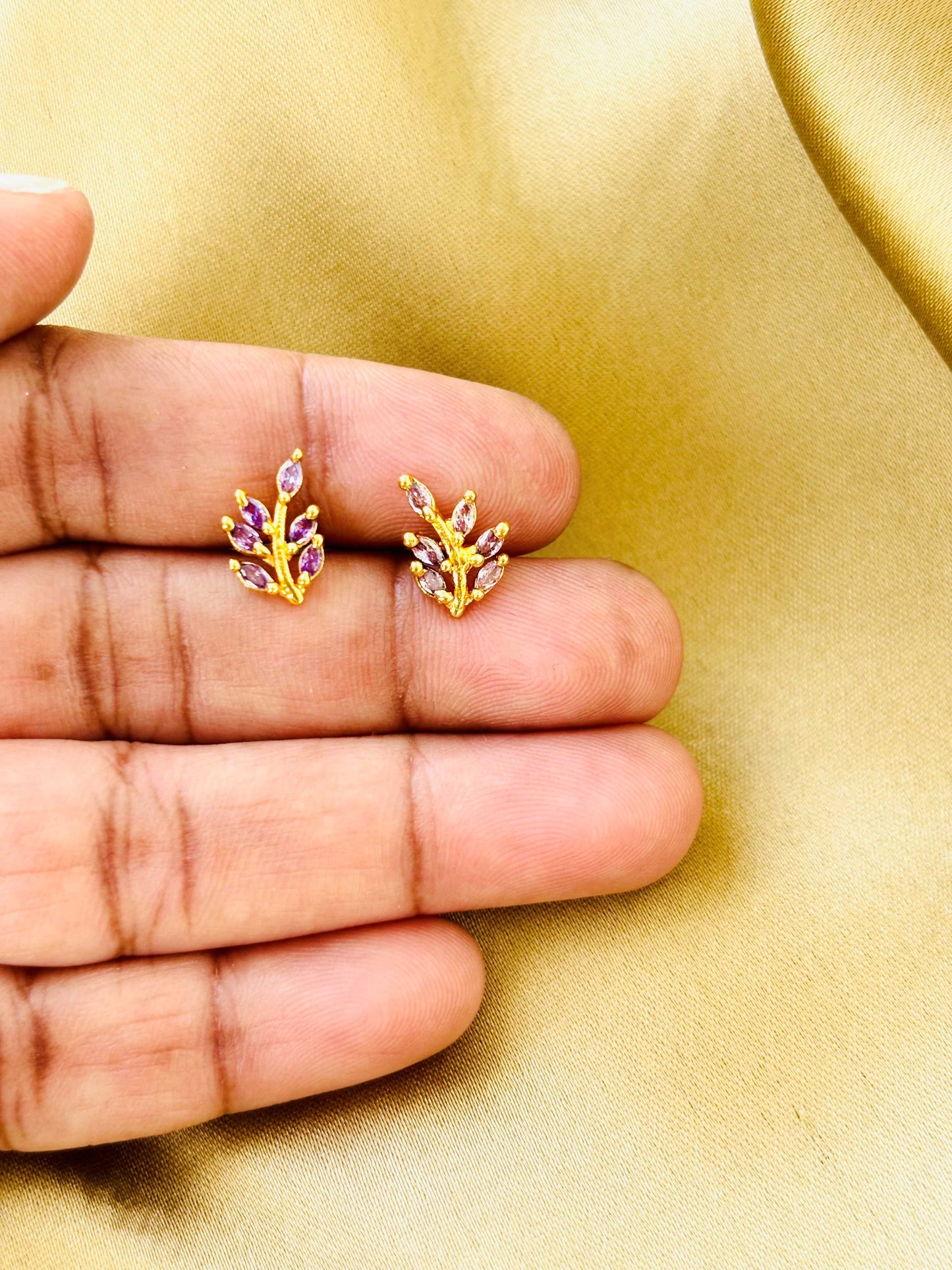 Lavender Stone Grape Leaf Gold Plated Studs