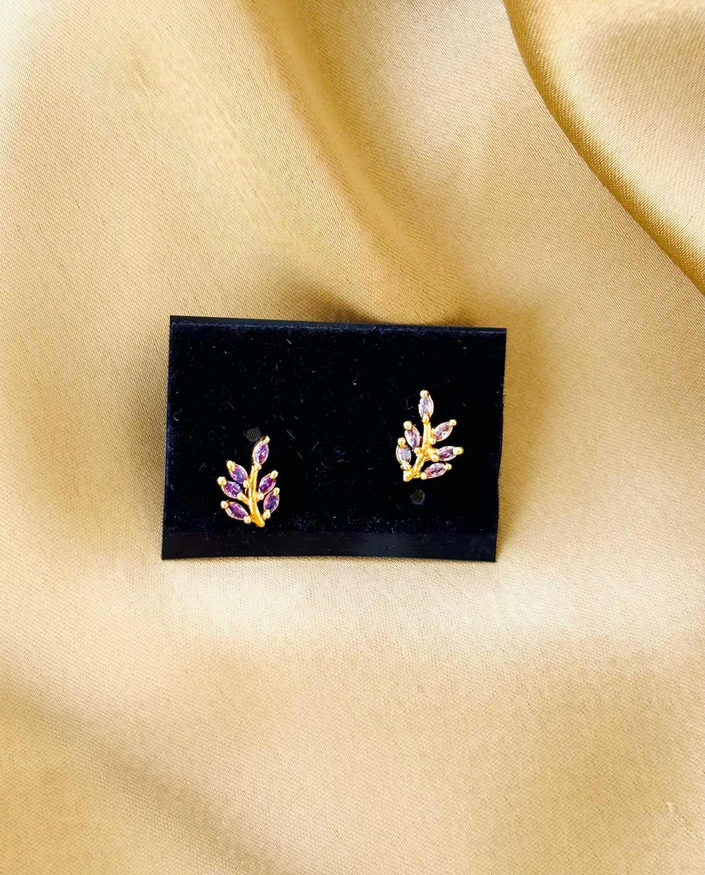 Lavender Stone Grape Leaf Gold Plated Studs