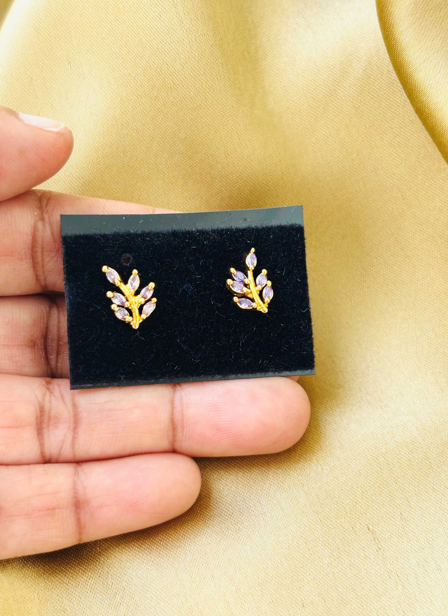 Lavender Stone Grape Leaf Gold Plated Studs