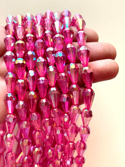 Iridescent Hot Pink Faceted Drop Bead for Jewelry Making