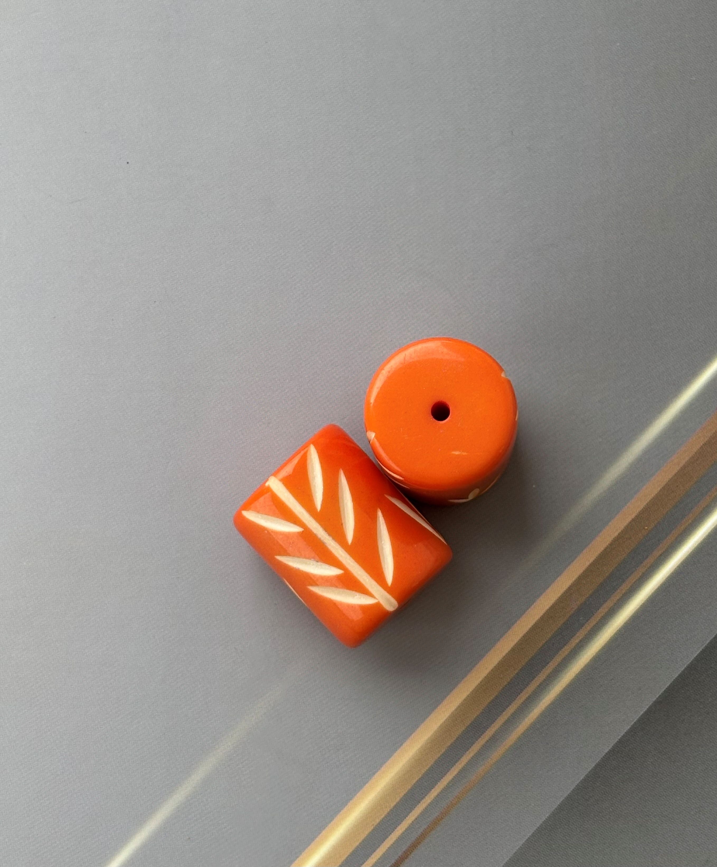 Orange Cylindrical Beads with Hand Carved Leaf Pattern for Jewelry Making