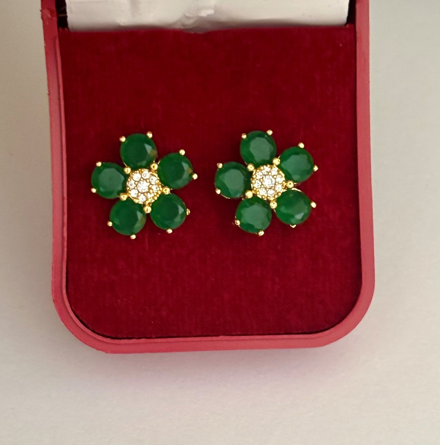 Gold-Plated Emerald Green Flower Stud Earrings