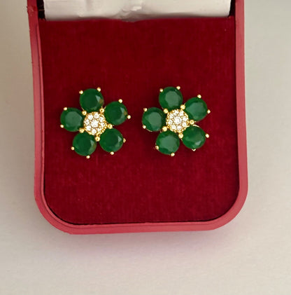 Gold-Plated Emerald Green Flower Stud Earrings